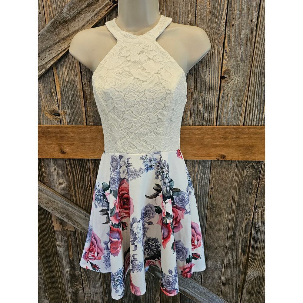 B darlin halter lace floral flowy sundress EUC lined open back size 3/4 SD zip ^
